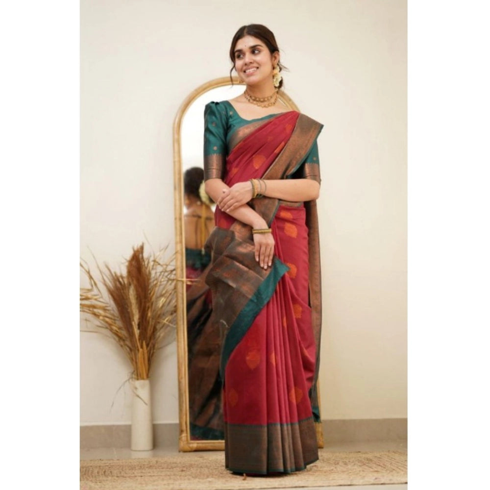 Red silk printed saree with unstitched blouse (5.5mtr), luxurious traditional wear on mannequin