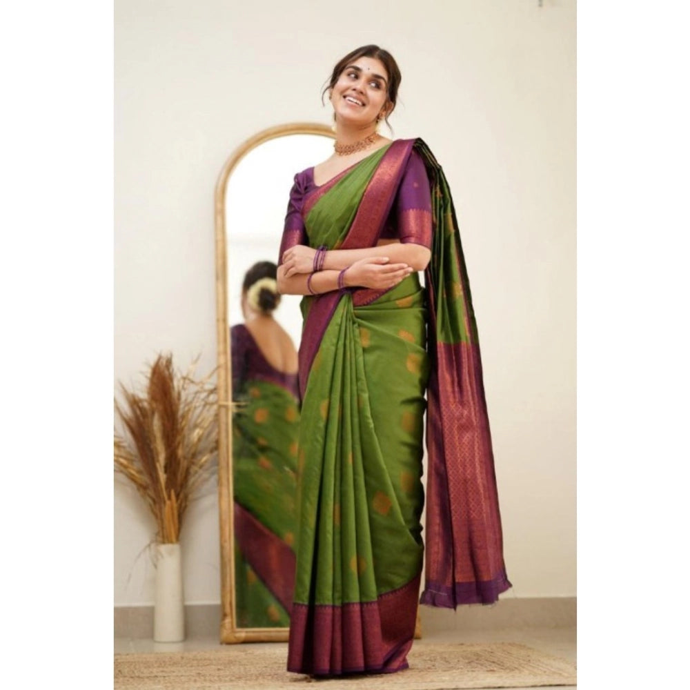 Green silk printed saree with unstitched blouse (5.5mtr), traditional Indian wear on mannequin