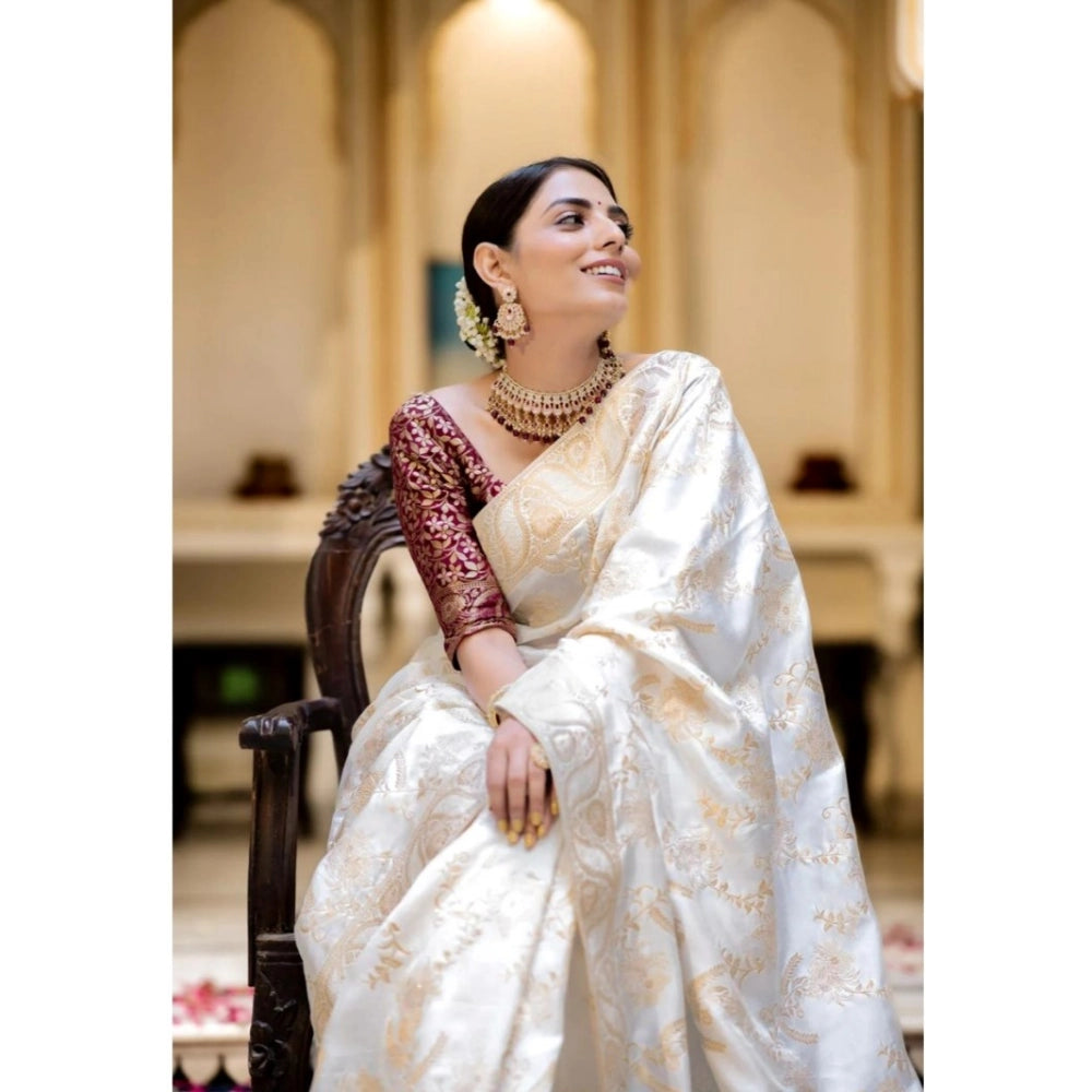 White silk printed saree with unstitched blouse (5.5mtr), elegant for traditional Indian wear