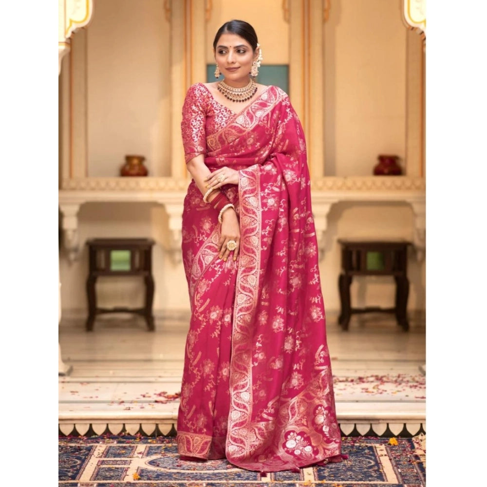 Pink silk printed saree with unstitched blouse (5.5mtr) - vibrant pink traditional Indian wear