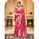 Pink silk printed saree with unstitched blouse (5.5mtr) - vibrant pink traditional Indian wear