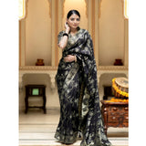 Black silk printed saree with unstitched blouse, 5.5mtr length on mannequin