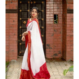 White silk printed saree with unstitched blouse (5.5mtr)