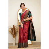 Red silk printed saree with unstitched blouse (5.5mtr) on mannequin