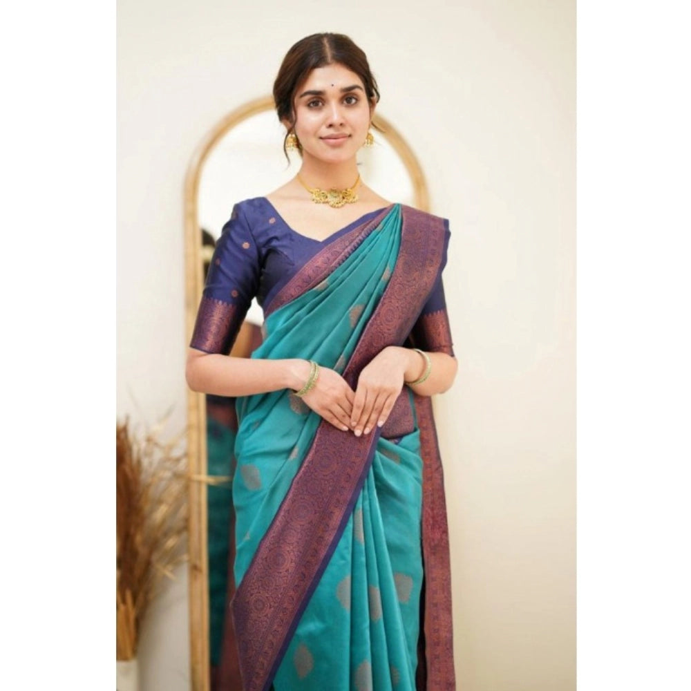 Rama silk printed saree with unstitched blouse (5.5mtr), elegant Indian women's wear on mannequin
