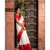 White silk printed saree with unstitched blouse (5.5mtr), luxury Indian traditional wear for women