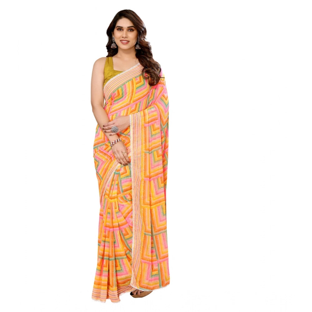 Yellow georgette print ready-to-wear saree with unstitched blouse, 5.5m length