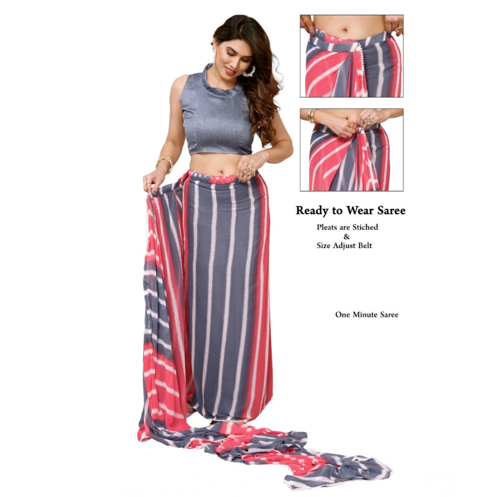 Pink-Grey Georgette striped ready-to-wear saree with unstitched blouse (5.5m), lace detailing on a striped background