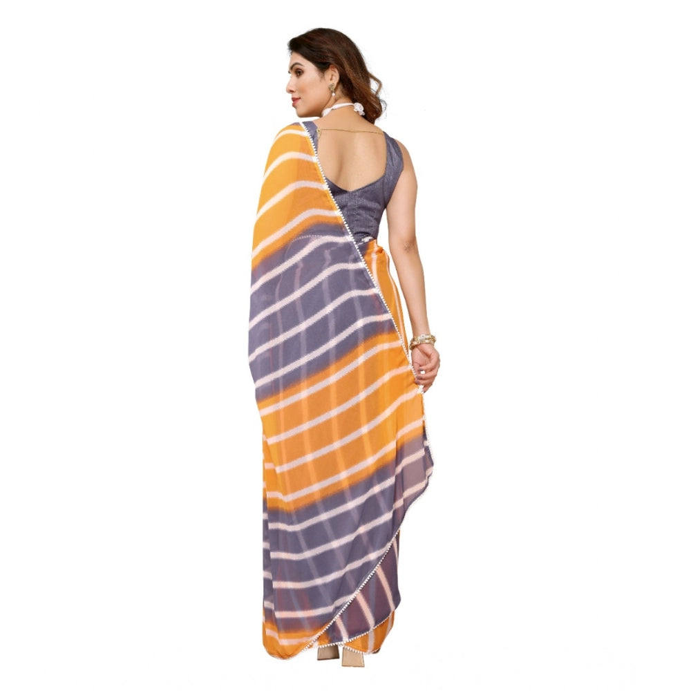 Orange-Grey Georgette striped ready-to-wear saree with unstitched blouse, featuring lace detailing