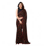 Black georgette printed ready-to-wear saree with unstitched blouse (5.5 mtr) on mannequin