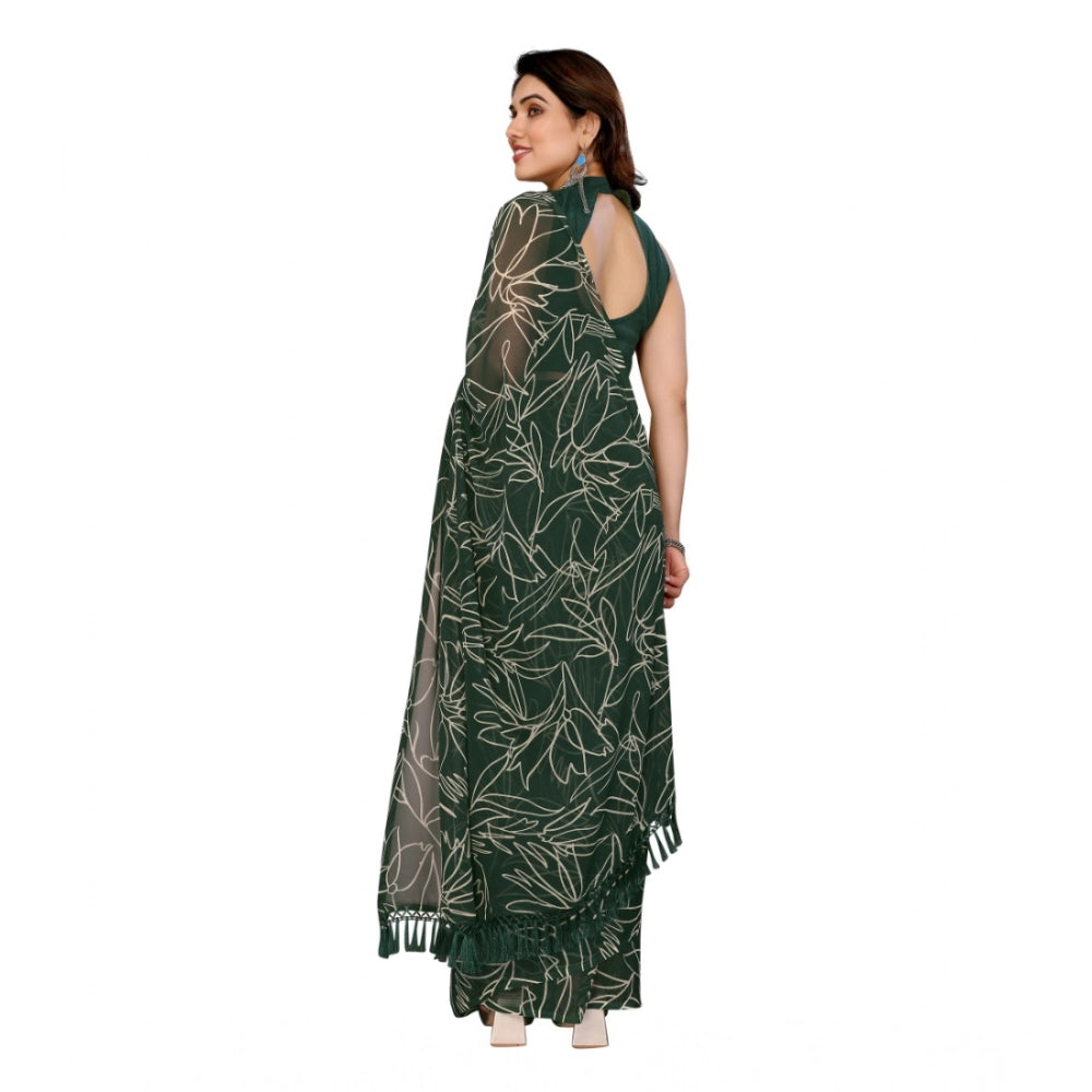 Green Georgette Printed Ready-to-Wear Saree with Unstitched Blouse (Zalar Lace) on mannequin