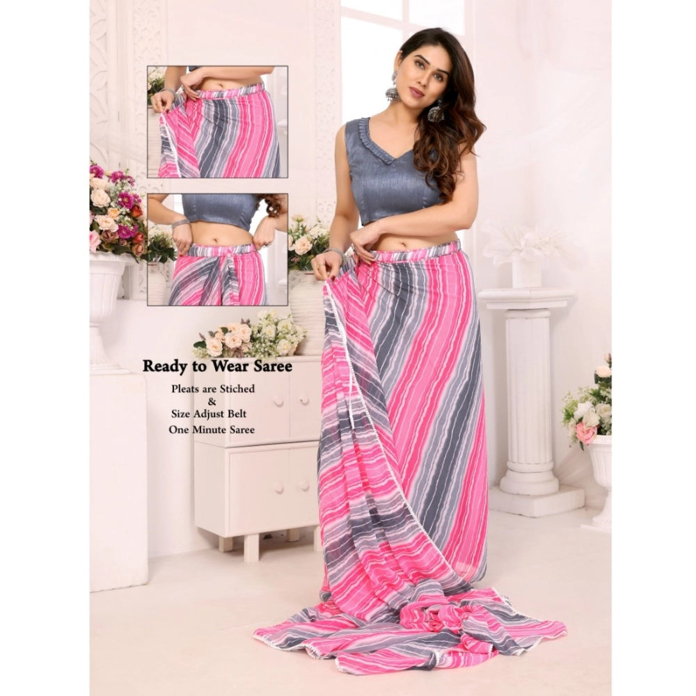 Grey Georgette striped ready-to-wear saree with unstitched blouse, 5.5m length for women's fashion