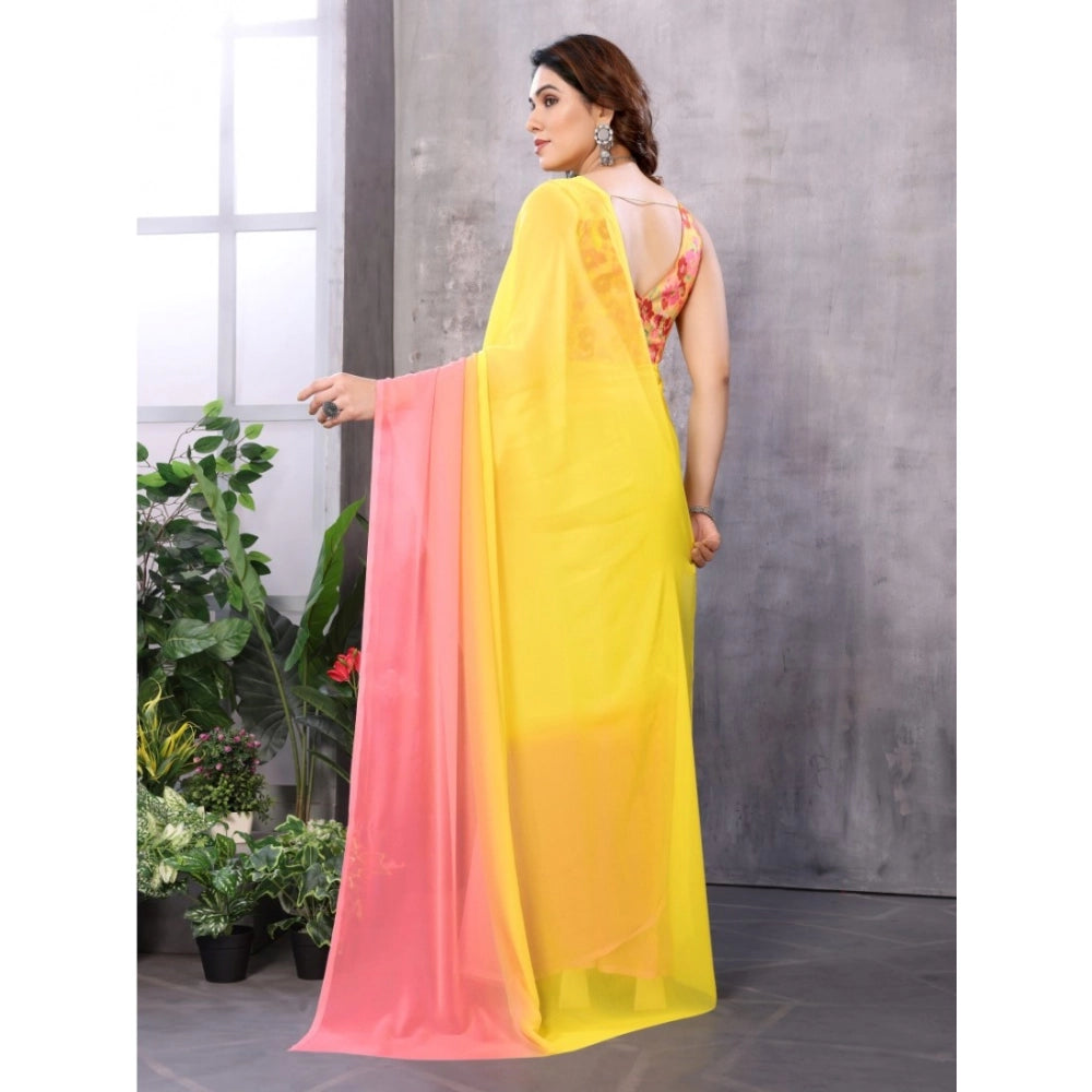 Pink-Yellow Georgette ready-to-wear saree with unstitched blouse, 5.5mtr solid lace pattern for women