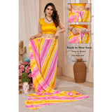 Yellow-Pink striped Georgette ready-to-wear saree with unstitched blouse, women's fashion accessory for traditional events