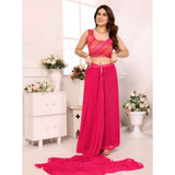 Women's Small Lace Georgette Embellished Ready-to-Wear Saree With Unstitched Blouse 5.5 Mtr (Dark Pink)