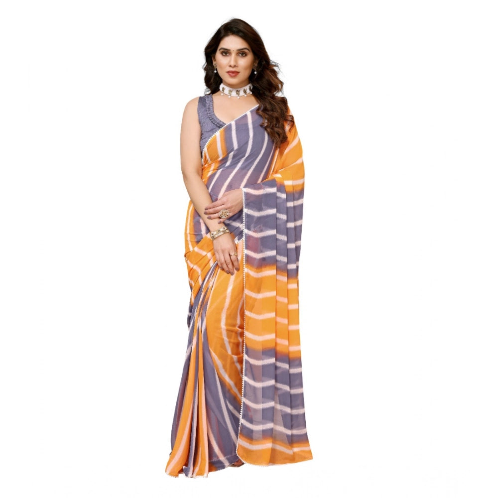 Orange-Grey Georgette striped ready-to-wear saree with unstitched blouse, lace detailing on 5.5 mtr length