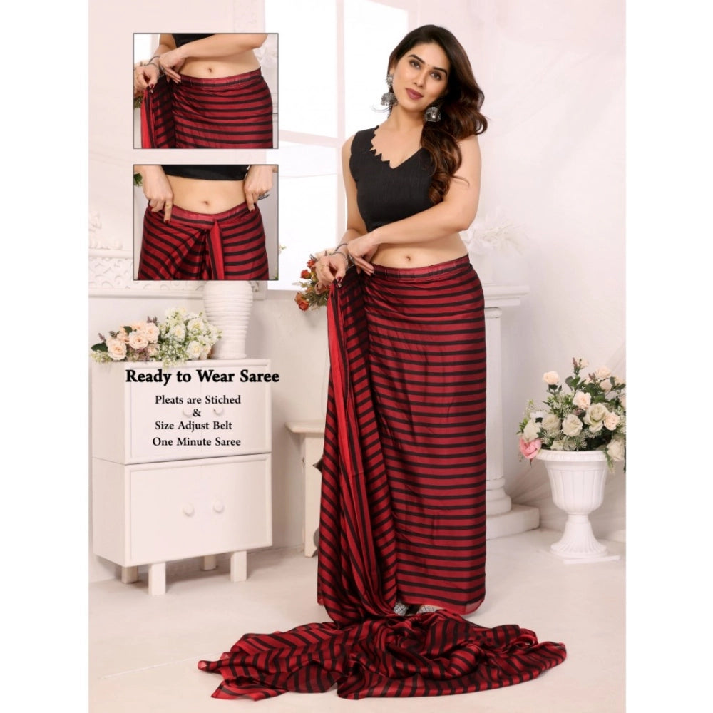 Black Berry striped ready-to-wear saree (5.5mtr, Red-Black), unstitched blouse for traditional Indian wear