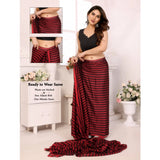 Black Berry striped ready-to-wear saree (5.5mtr, Red-Black), unstitched blouse for traditional Indian wear