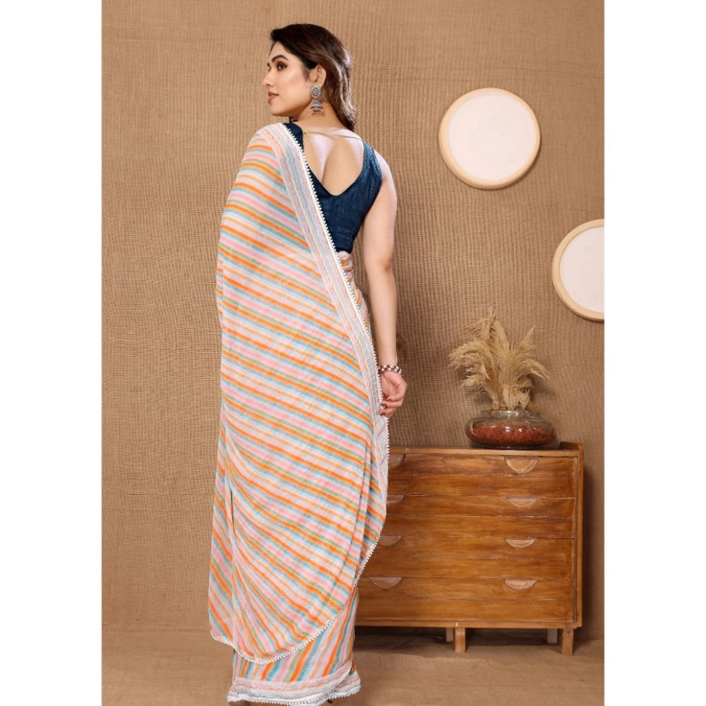 Orange georgette striped ready-to-wear saree with unstitched blouse, 5.5mtr lace detail