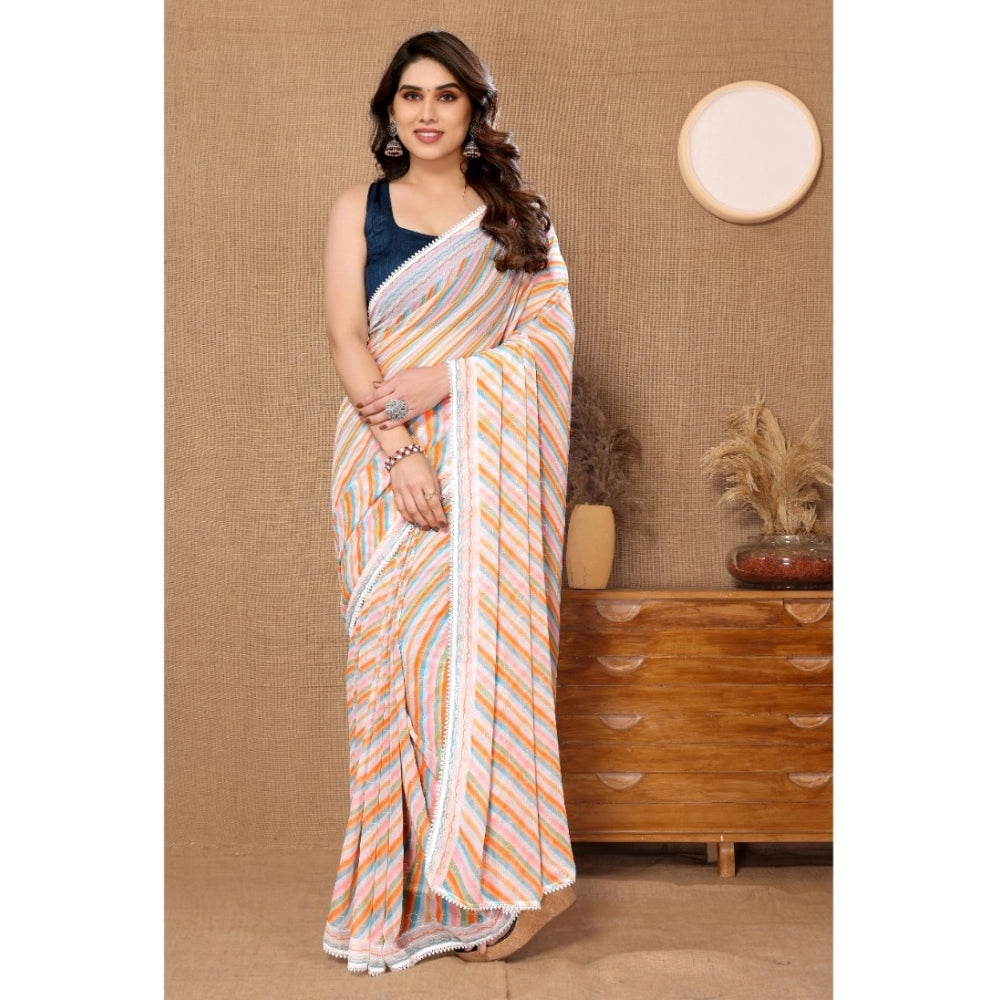 Orange georgette striped ready-to-wear saree with unstitched blouse (5.5 mtr)