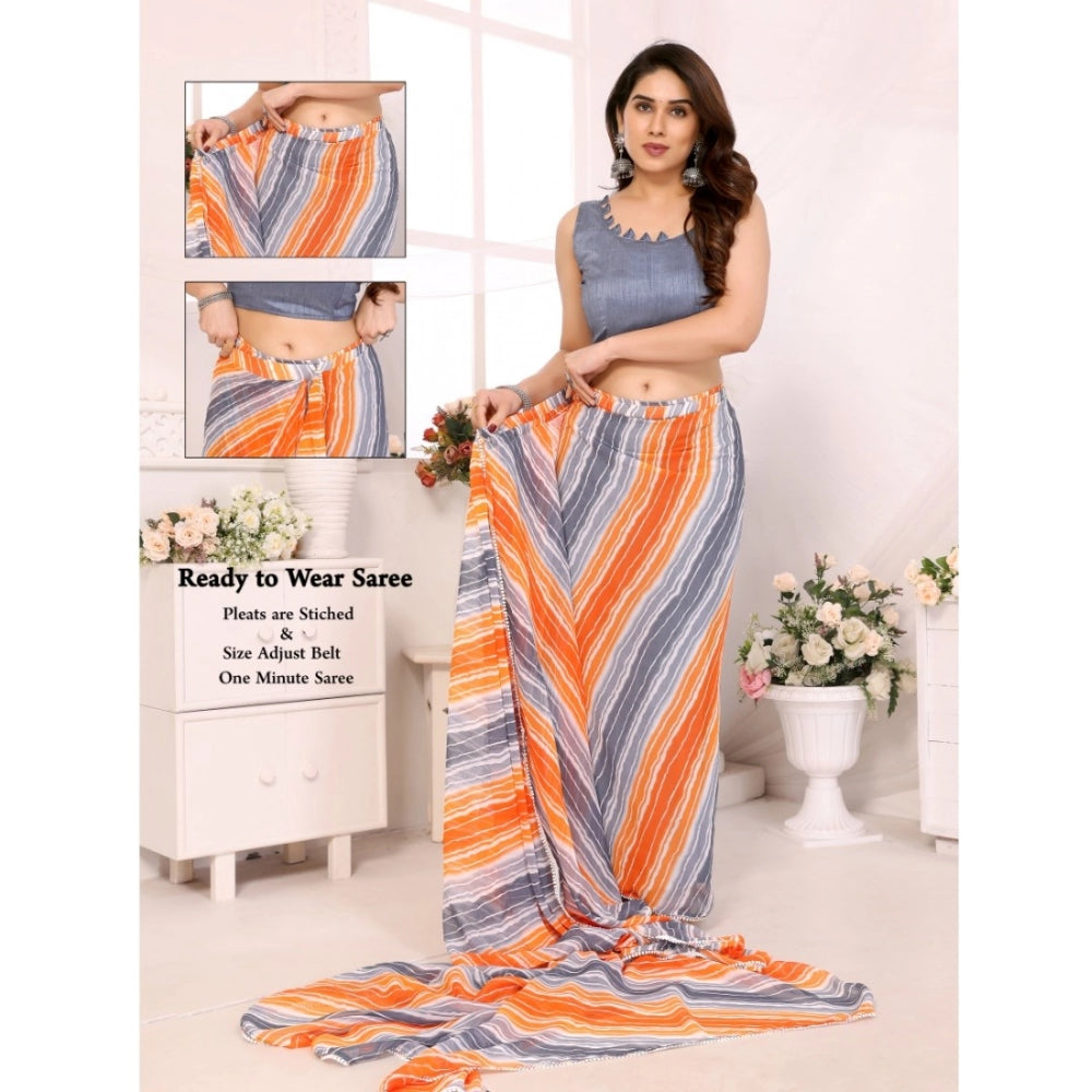 Grey Georgette striped ready-to-wear saree with unstitched blouse (5.5m)