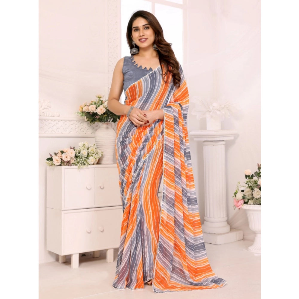 Grey striped Georgette ready-to-wear saree with unstitched blouse, small size for women's fashion