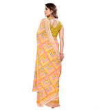 Yellow georgette printed ready-to-wear saree with unstitched blouse, 5.5mtr length