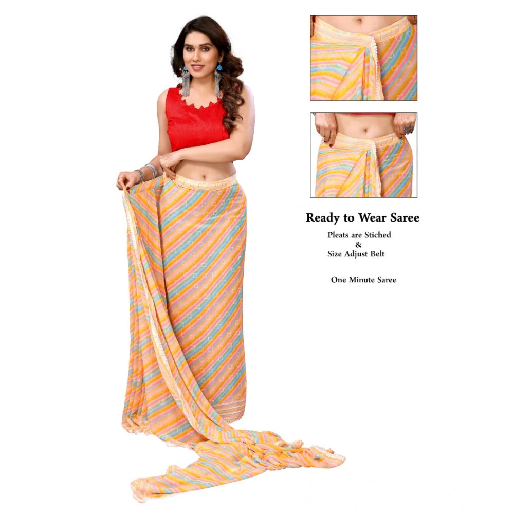 Yellow Georgette striped ready-to-wear saree with unstitched blouse, 5.5 mtr length