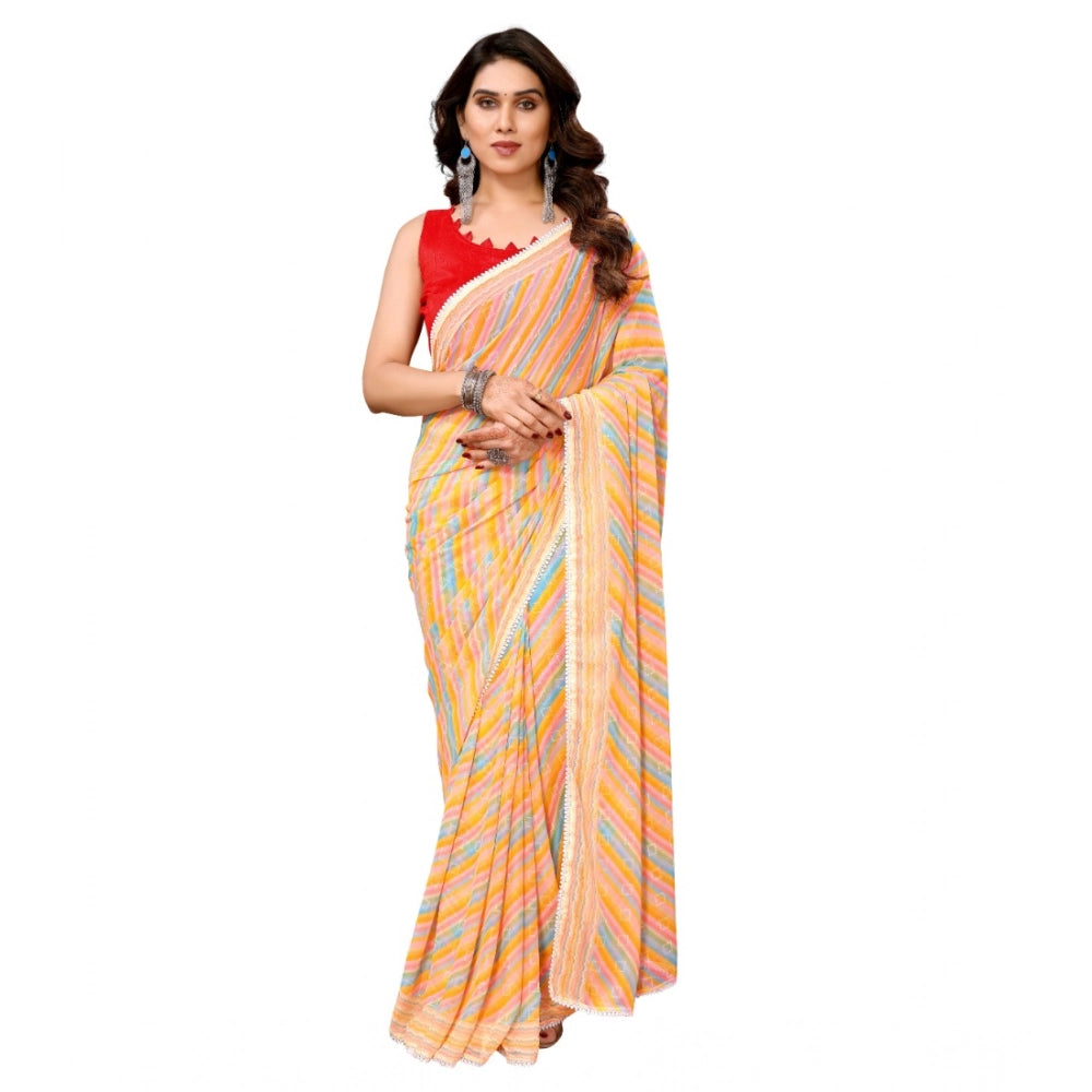 Yellow Georgette striped ready-to-wear saree with unstitched blouse, 5.5 mtr
