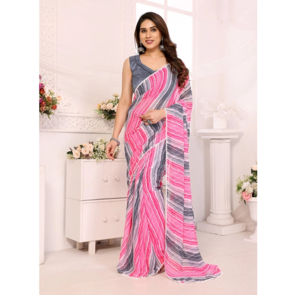 Grey striped Georgette ready-to-wear saree with unstitched blouse, elegant lace design