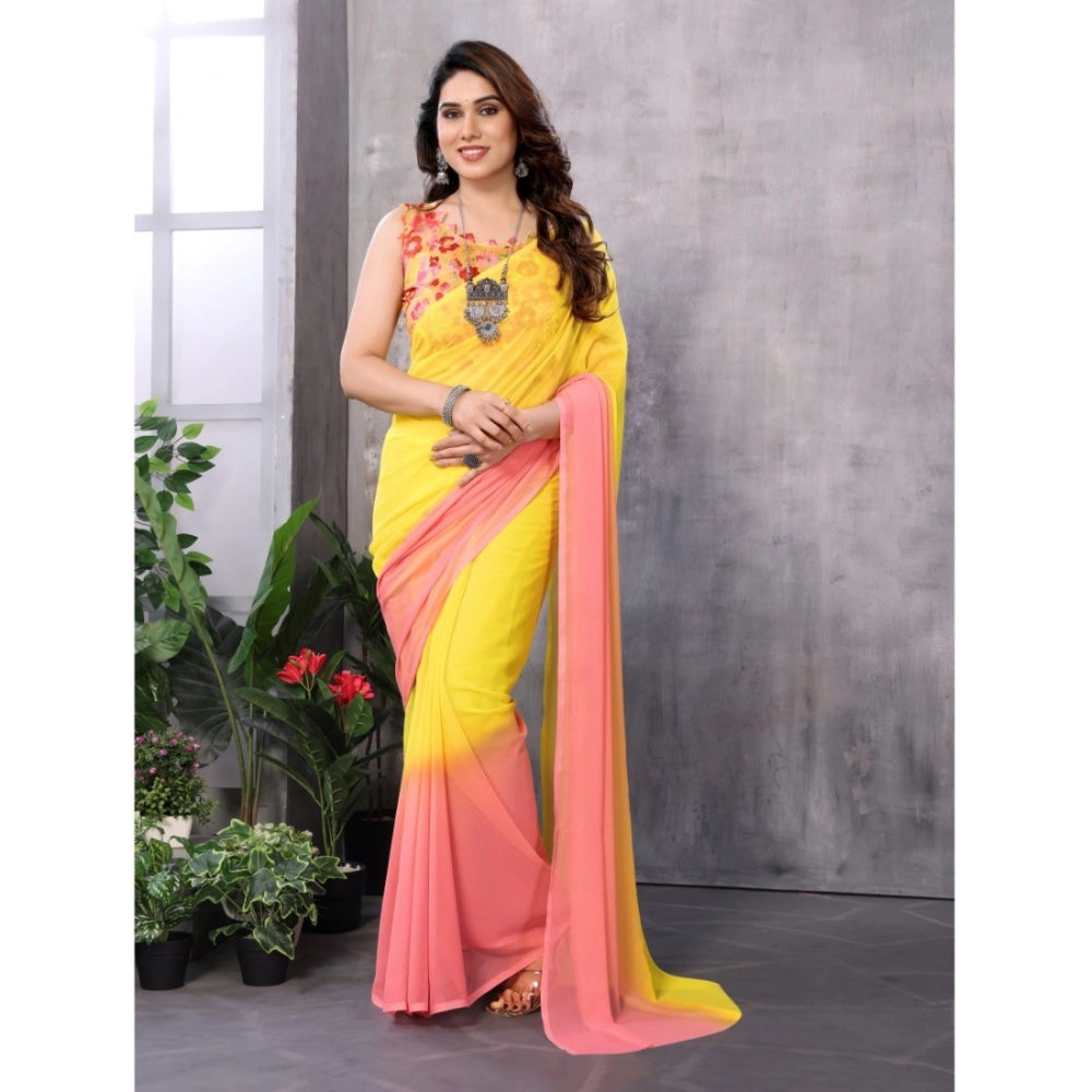 Pink-Yellow Georgette solid ready-to-wear saree with unstitched blouse, 5.5 mtr length on model