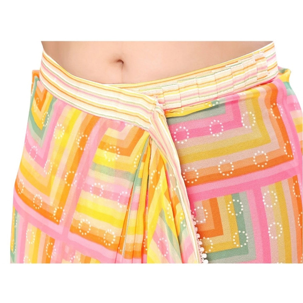 Yellow Georgette print ready-to-wear saree with unstitched blouse, vibrant lace pattern on display