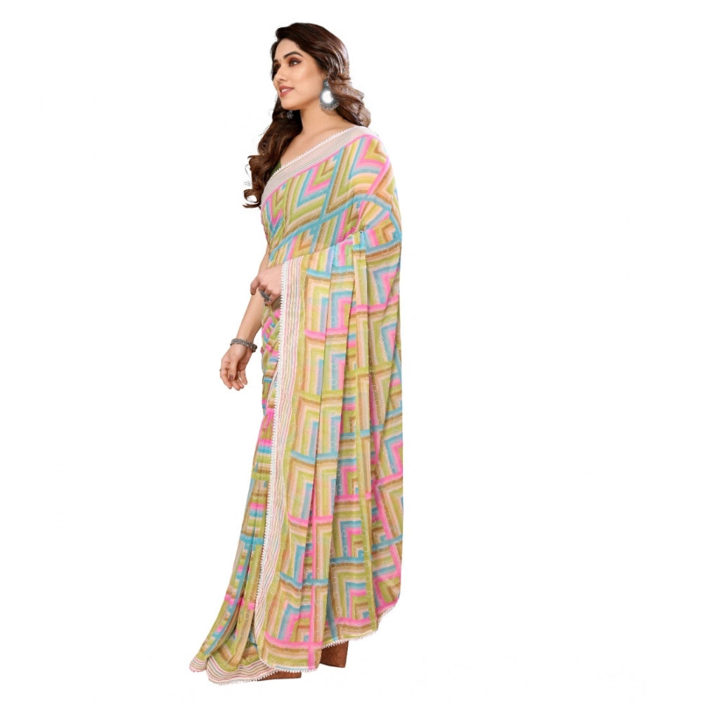 Green georgette printed ready-to-wear saree with unstitched blouse (5.5 mtr) on mannequin