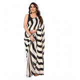 Women's Small Lace Georgette Striped Ready-to-Wear Saree With Unstitched Blouse 5.5 Mtr (Black-White)