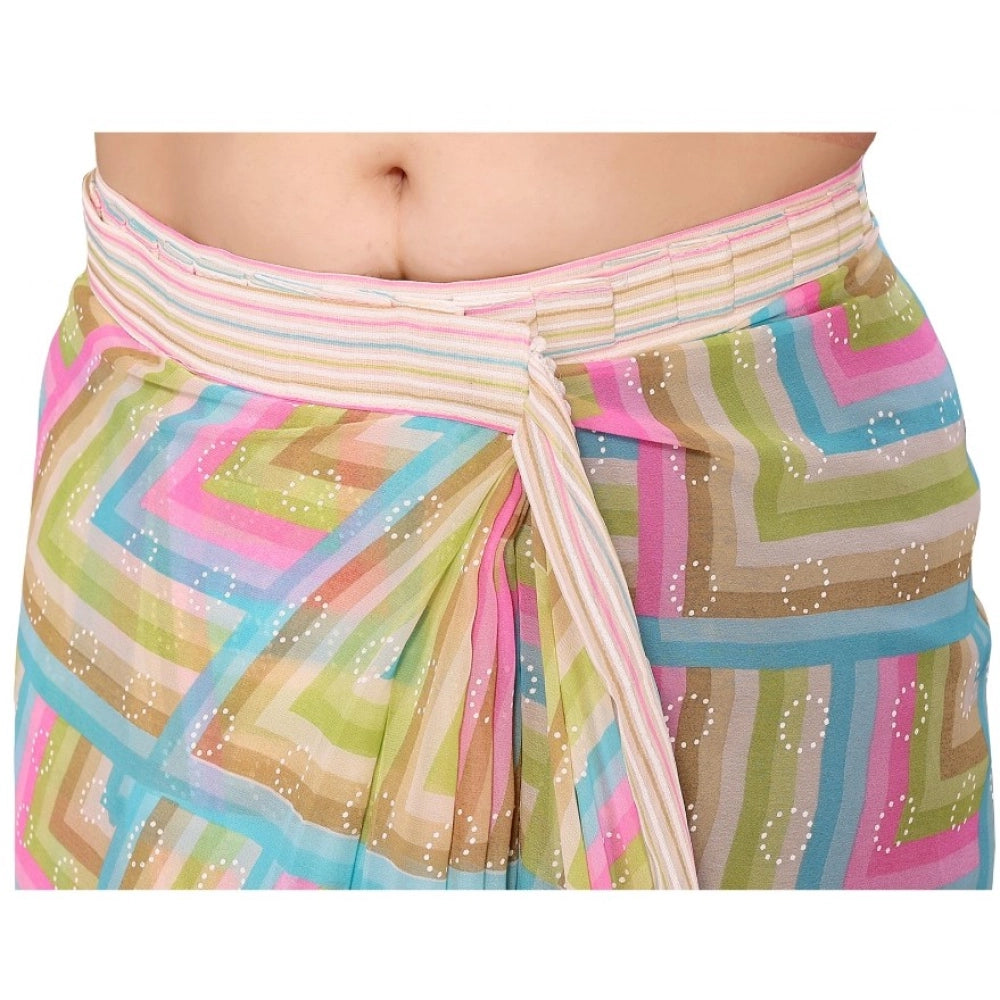 Green Georgette printed ready-to-wear saree with unstitched blouse, 5.5 mtr (lace detail)