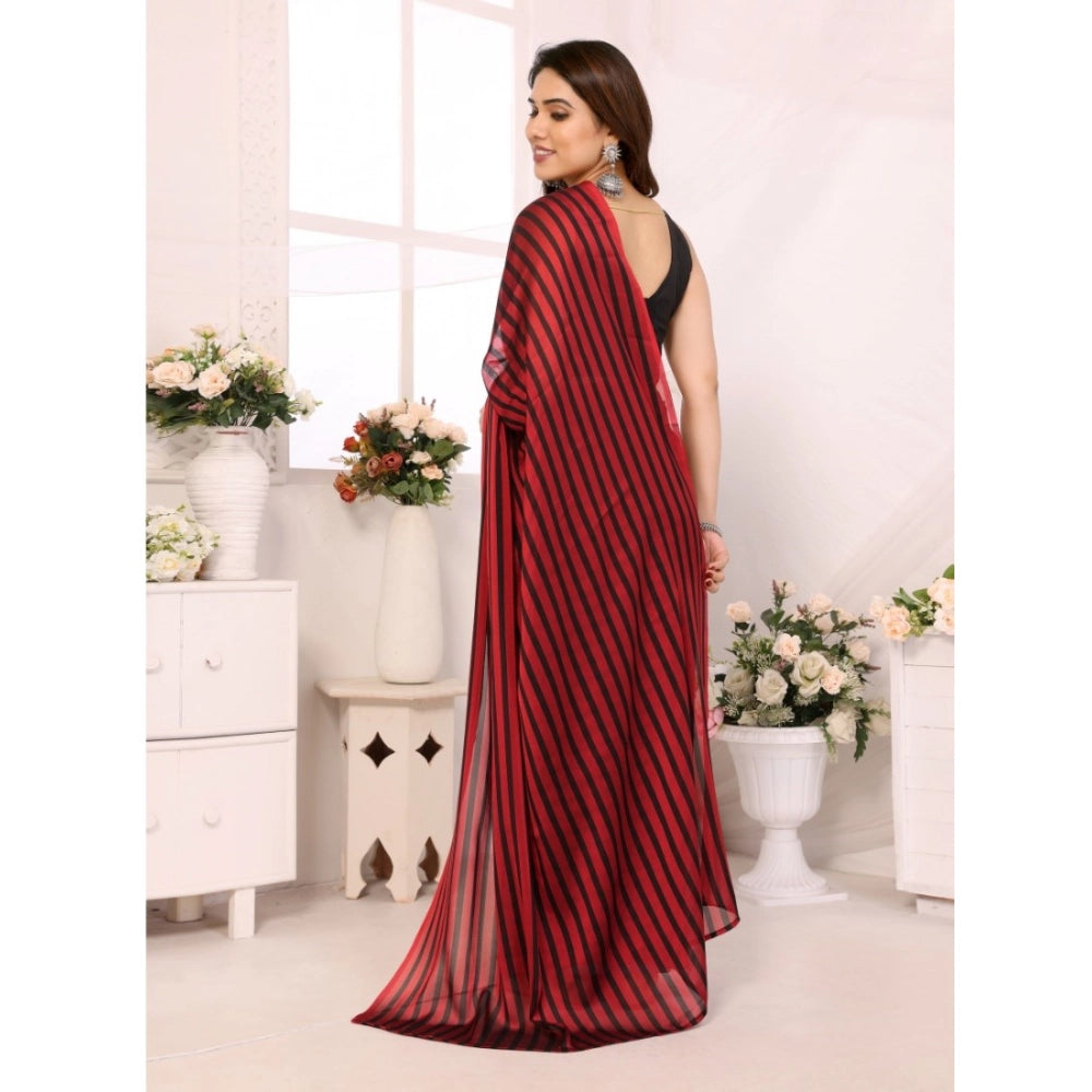 Black Berry striped ready-to-wear saree (5.5 mtr, Red-Black), unstitched blouse
