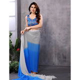 Grey-Blue Georgette Ready-to-Wear Saree with Unstitched Blouse, intricate lace pattern on 5.5 mtr fabric for women's fashion