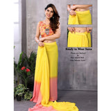 Pink-Yellow Georgette ready-to-wear saree with unstitched blouse, intricate lace patterns on 5.5m fabric