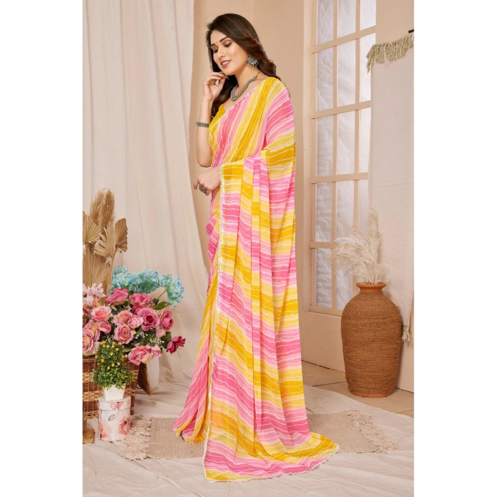Yellow-Pink striped Georgette ready-to-wear saree with unstitched blouse, perfect for traditional Indian wear