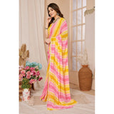 Yellow-Pink striped Georgette ready-to-wear saree with unstitched blouse, perfect for traditional Indian wear
