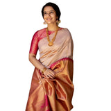 Cream silk printed saree with unstitched blouse, detailed view of intricate design
