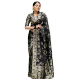 Black silk printed saree with unstitched blouse, 5.5Mtr length on mannequin