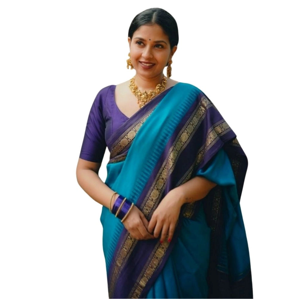 Blue silk printed saree with unstitched blouse (5.5mtr), vibrant floral pattern on display