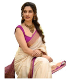 Off white-pink silk printed saree with unstitched blouse (5.5mtr), luxury Indian traditional wear on display