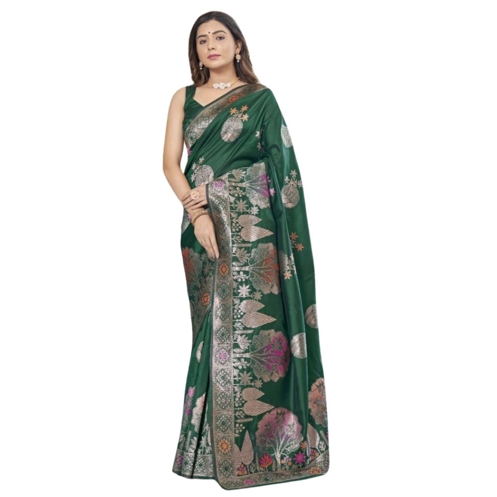 Green silk printed saree with unstitched blouse (5.5mtr) on mannequin