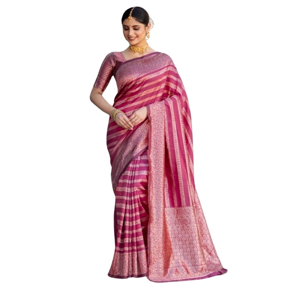 Pink silk printed saree with unstitched blouse (5.5mtr), vibrant design on display