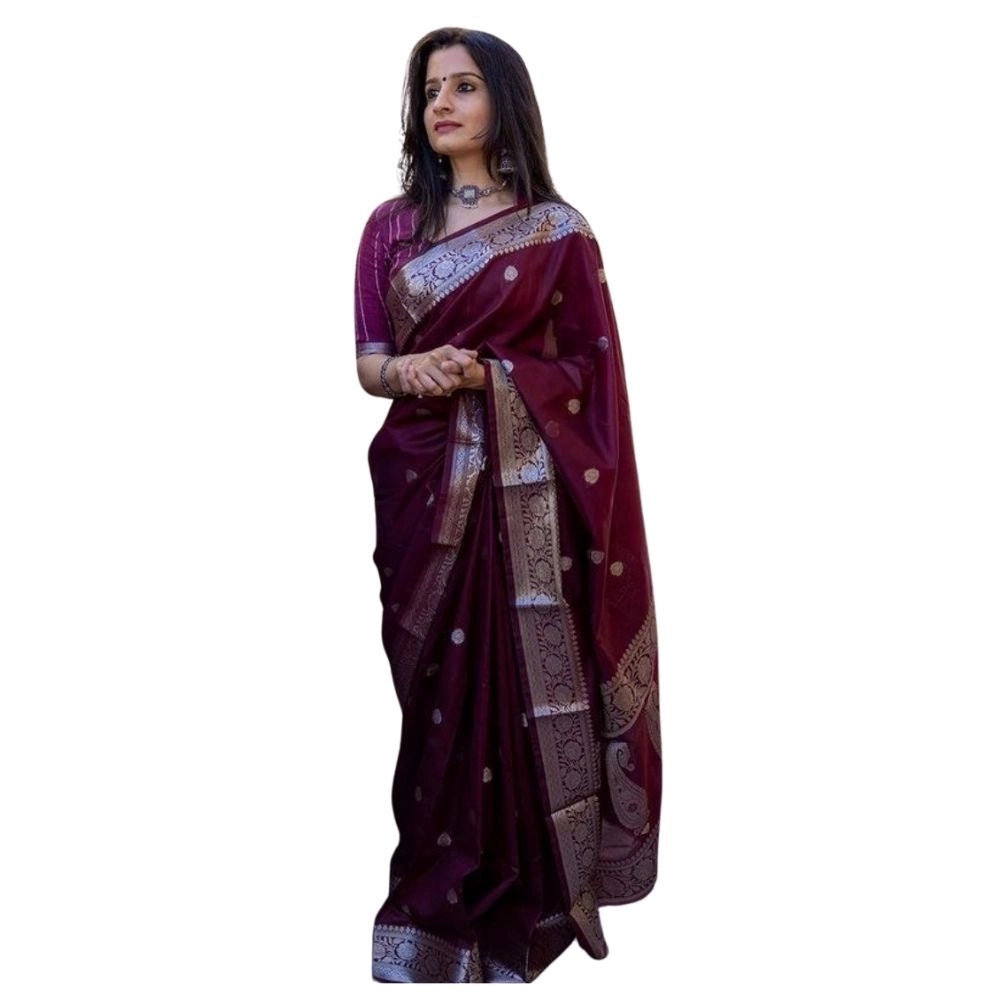 Maroon cotton printed saree with unstitched blouse (5.5mtr), vibrant Indian attire on mannequin