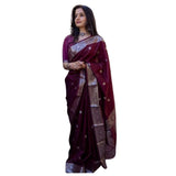 Maroon cotton printed saree with unstitched blouse (5.5mtr), vibrant Indian attire on mannequin