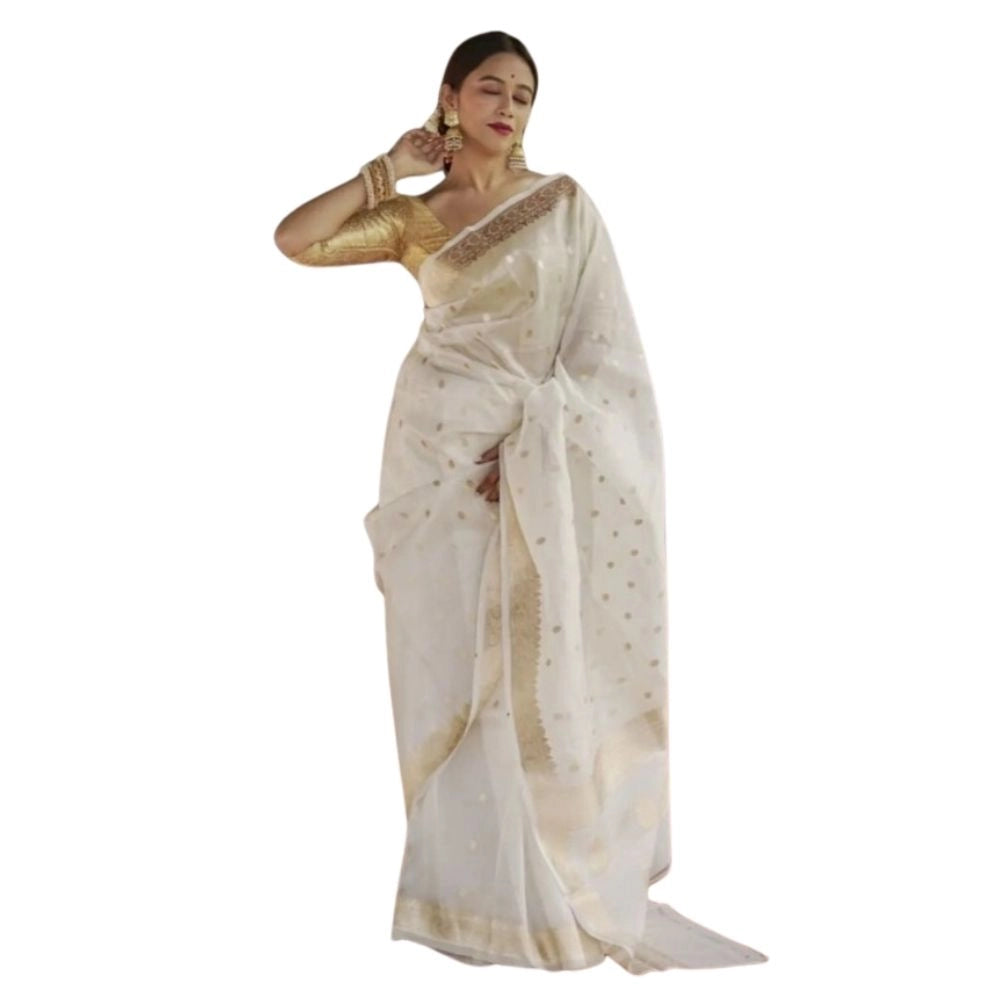 White cotton printed saree with unstitched blouse, 5.5Mtr length on model