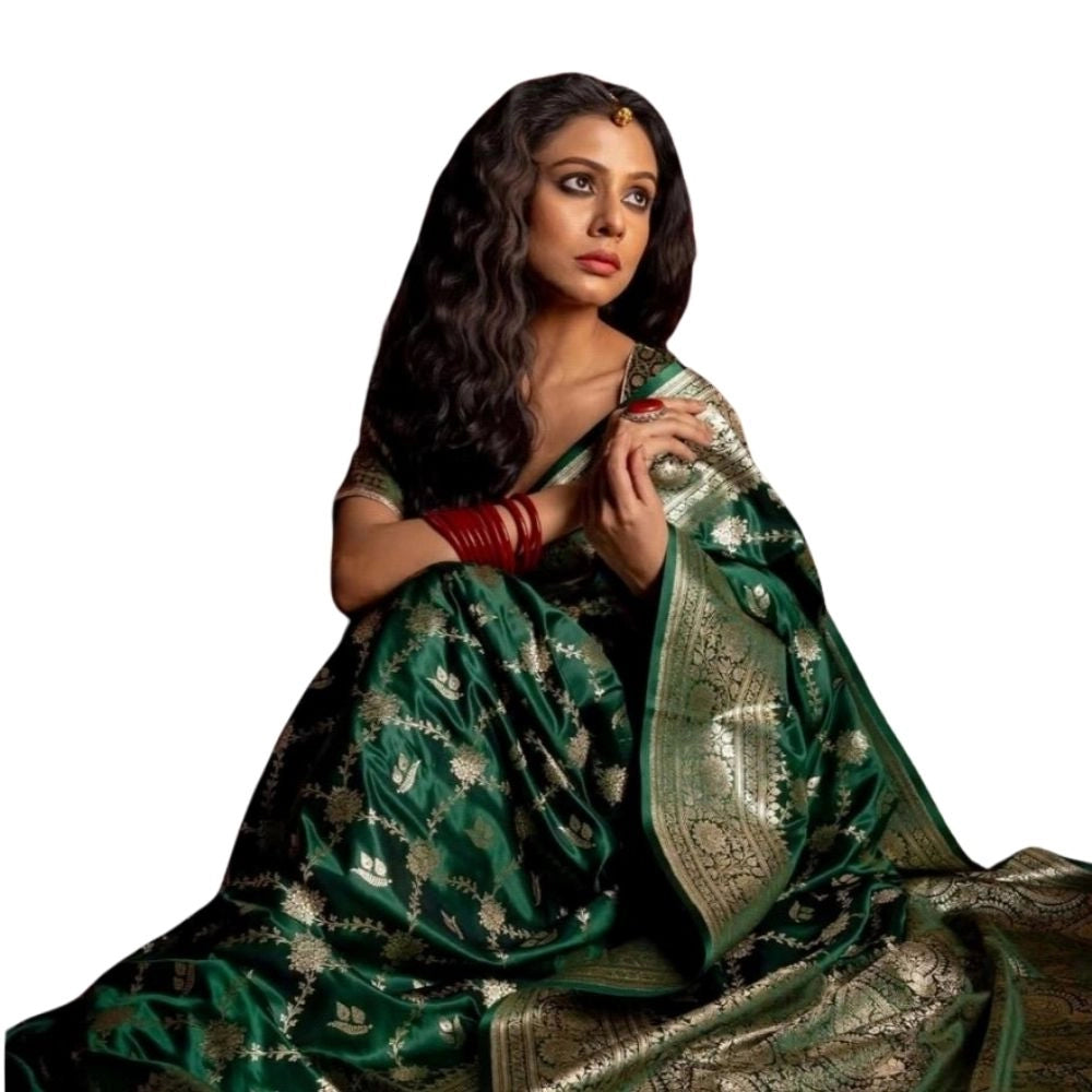 Dark green silk printed saree with unstitched blouse (5.5Mtr), elegant Indian women's wear on mannequin